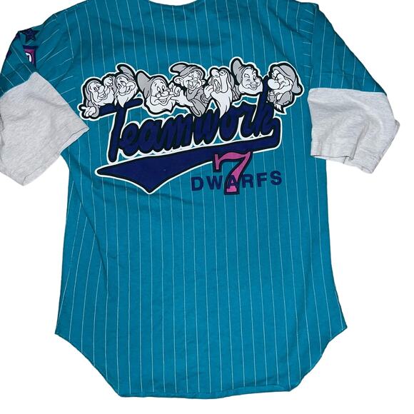 Disney's Vintage Seven Dwarfs teal and pink striped baseball jersey size small - Picture 2 of 6